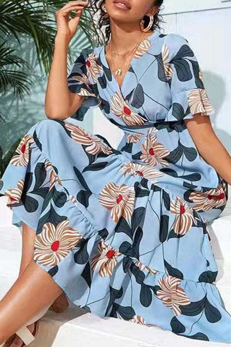 Print Split Joint V Neck A Line Dresses Ins Street