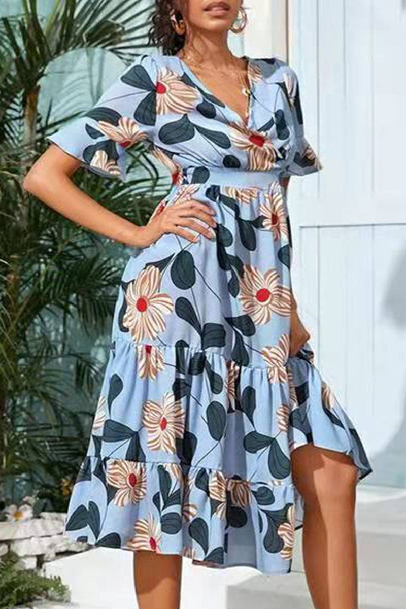 Print Split Joint V Neck A Line Dresses Ins Street