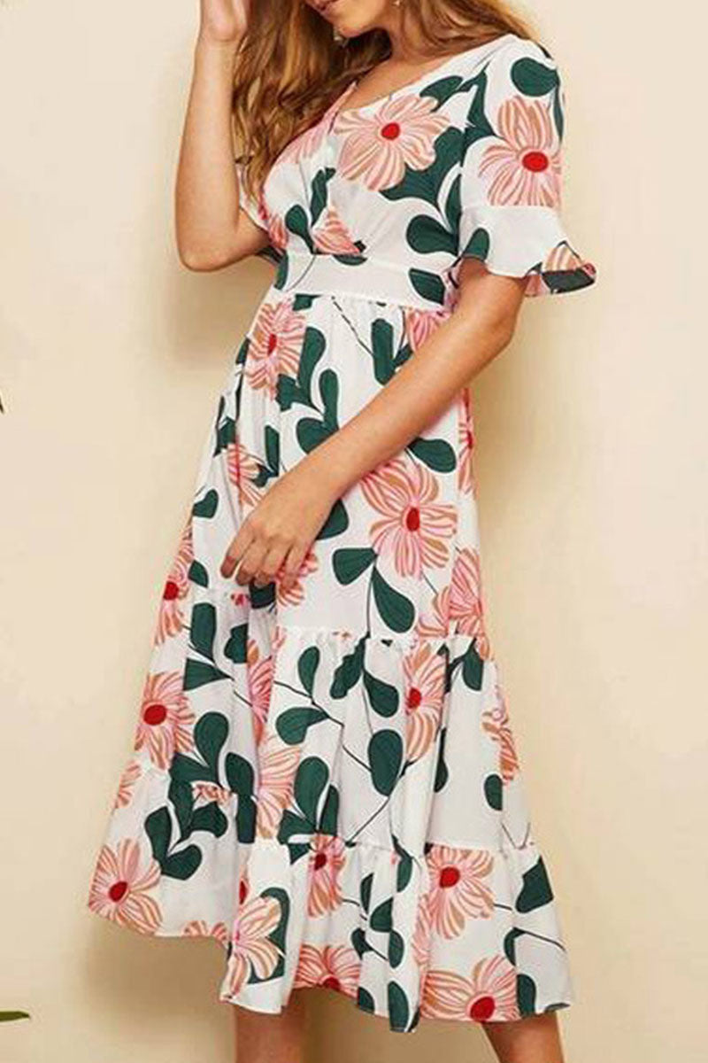 Print Split Joint V Neck A Line Dresses Ins Street