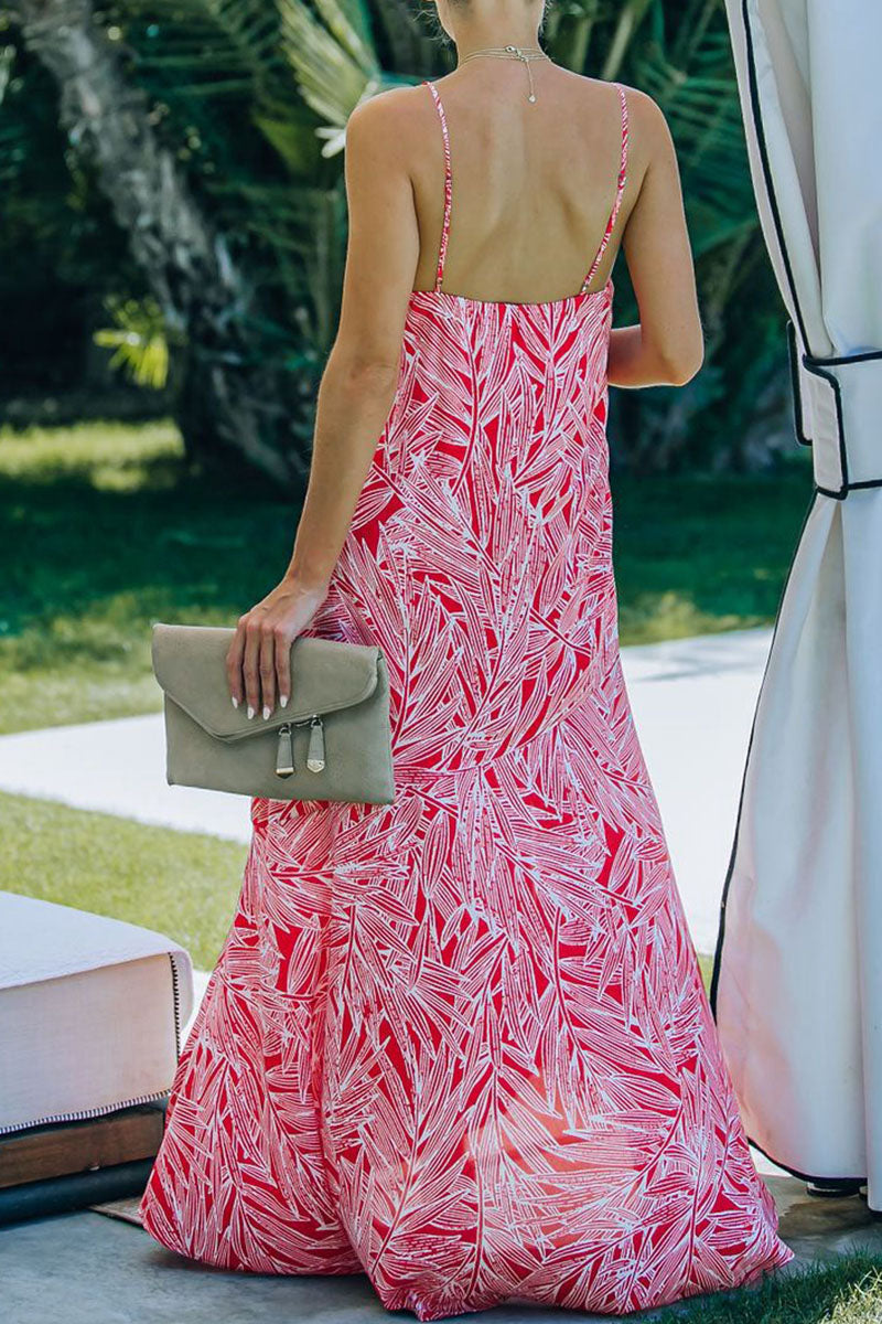 Vacation Print Slit V Neck Princess Dresses Ins Street