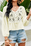 Casual Embroidery Lace Buttons V Neck Tops Florcoo