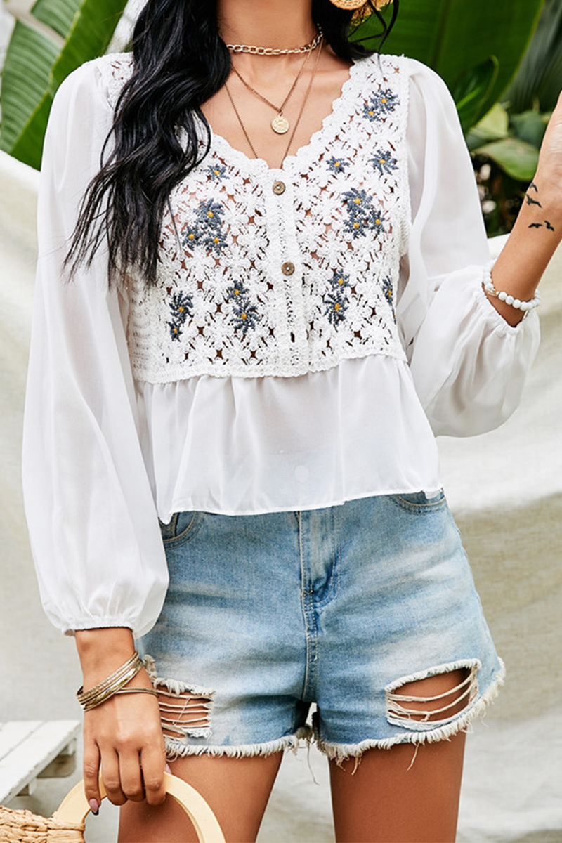 Casual Embroidery Lace Buttons V Neck Tops Florcoo