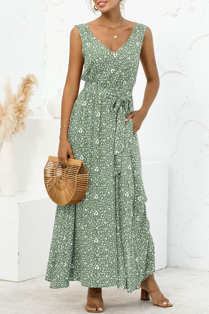 Casual Leopard Patchwork V Neck A Line Dresses Ins Street