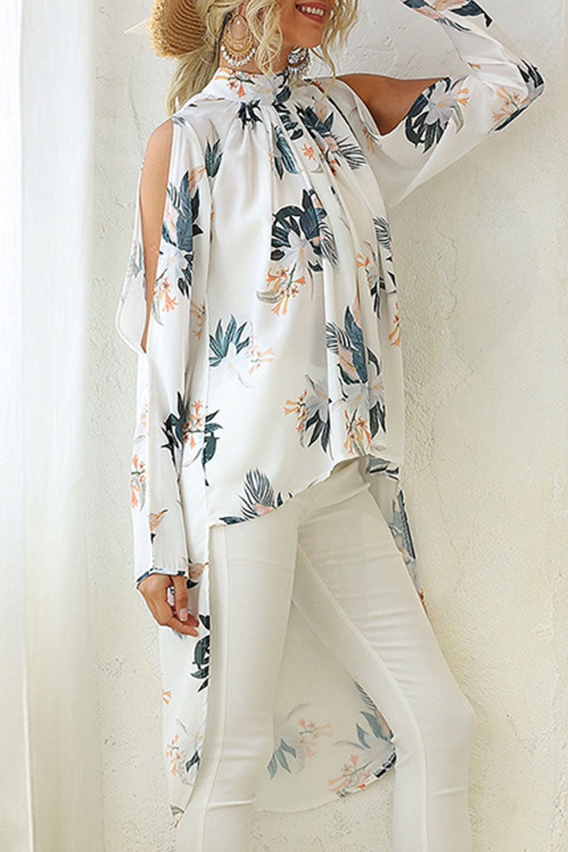 Print Asymmetrical O Neck Tops Ins Street