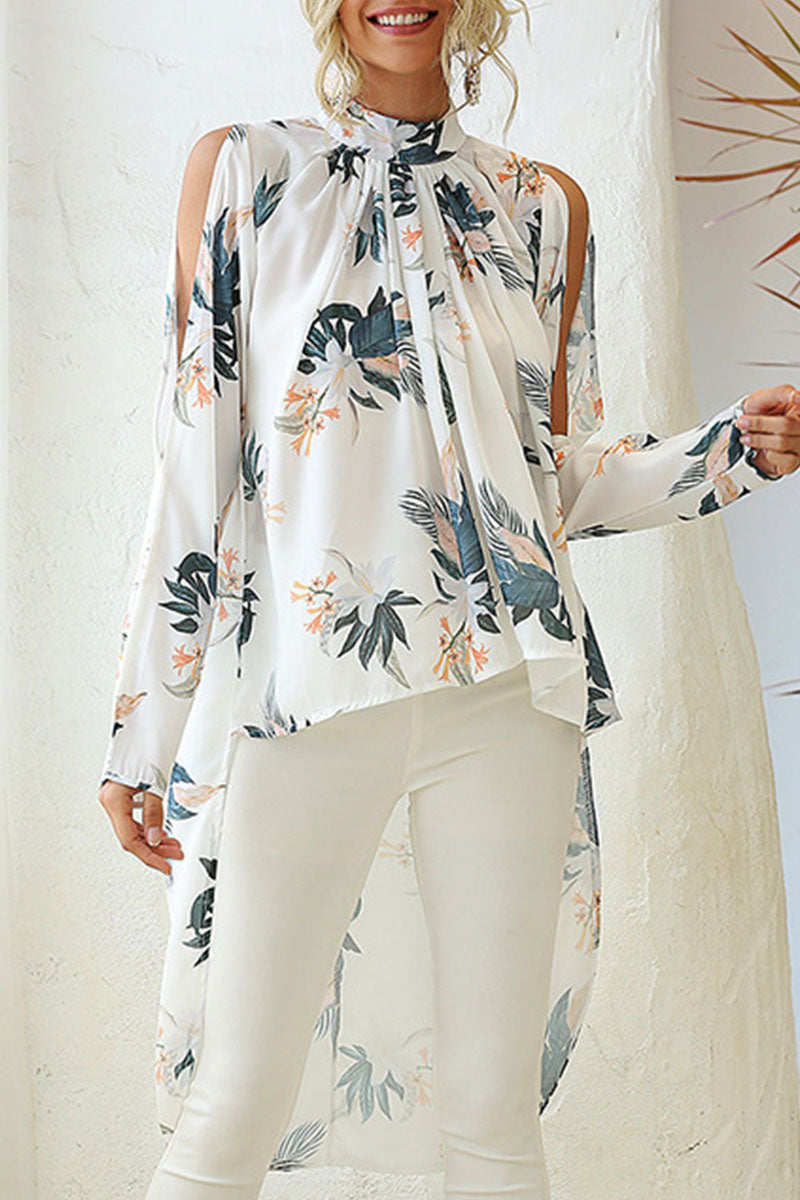 Print Asymmetrical O Neck Tops Ins Street