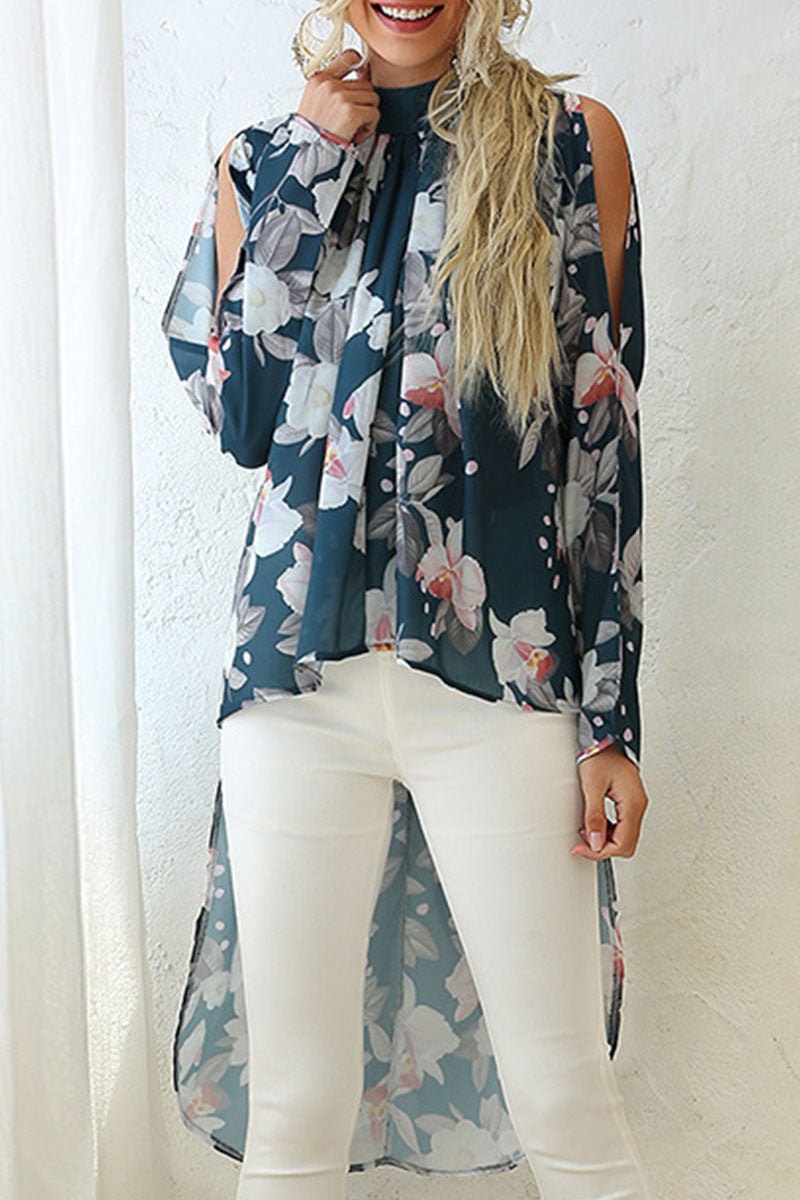 Print Asymmetrical O Neck Tops Ins Street