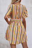 Elegant Striped With Belt V Neck A Line Dresses Ins Street