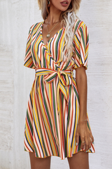Elegant Striped With Belt V Neck A Line Dresses Ins Street