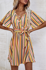 Elegant Striped With Belt V Neck A Line Dresses Ins Street