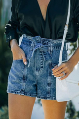 Solid Pocket With Belt High Waist Denim Shorts Ins Street