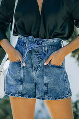 Solid Pocket With Belt High Waist Denim Shorts Ins Street