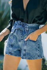 Solid Pocket With Belt High Waist Denim Shorts Ins Street