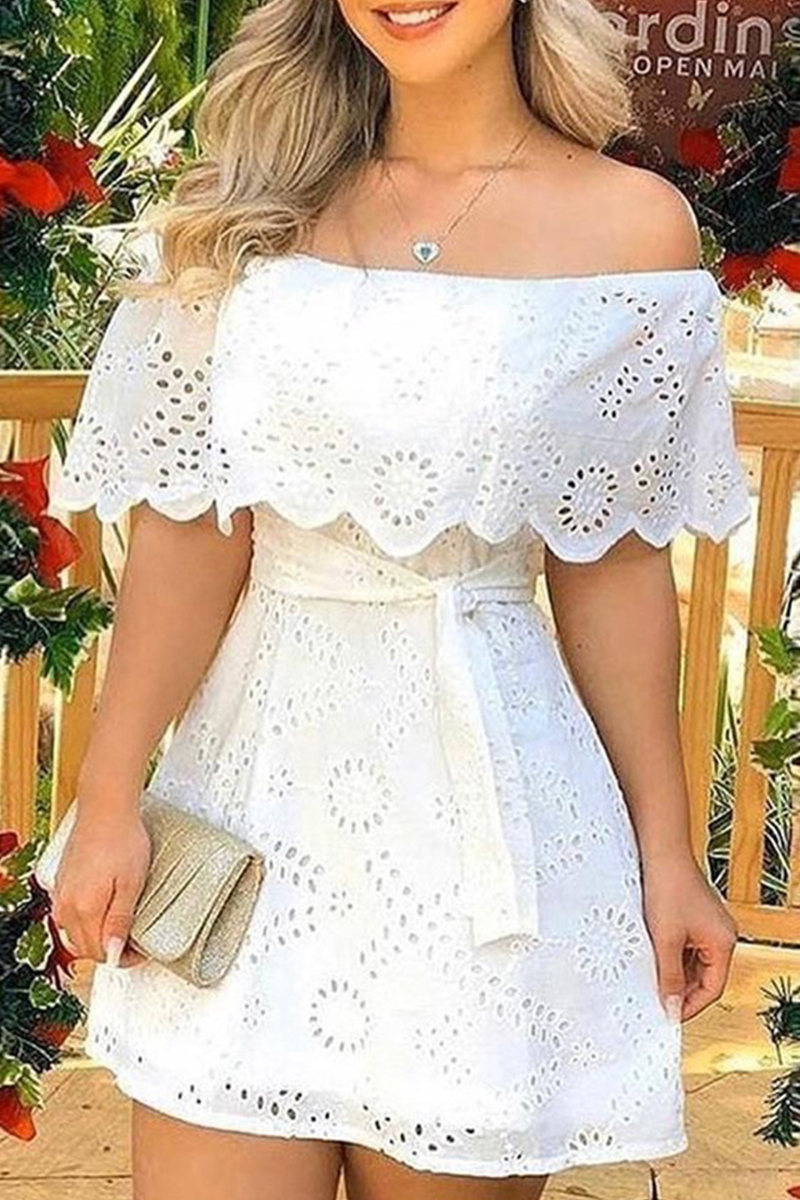 Elegant Solid Embroidered Hollowed Out Strap Design Off the Shoulder Waist Skirt Dresses Ins Street