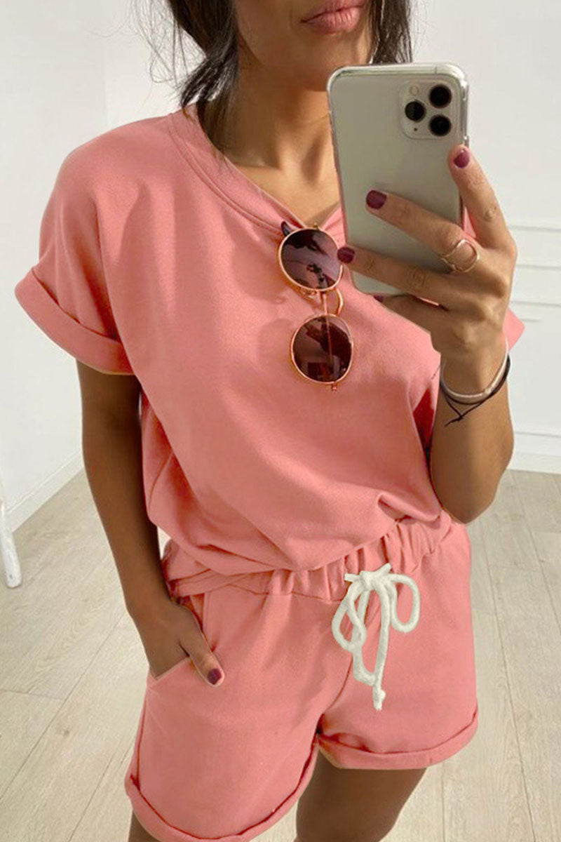 Living Solid Split Joint O Neck Short Sleeve Two Pieces Ins Street