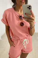 Living Solid Split Joint O Neck Short Sleeve Two Pieces Ins Street