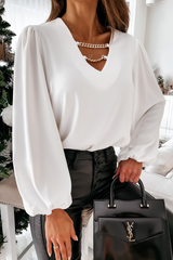 Elegant Solid Chains V Neck Tops Ins Street