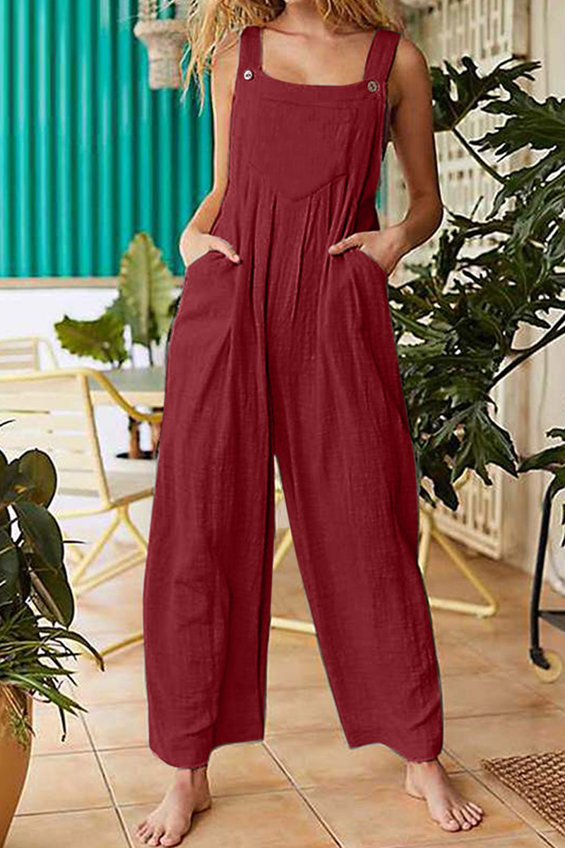 Solid Pocket Buttons Square Collar Jumpsuits Ins Street