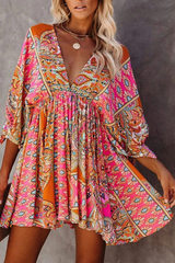 Elegant Print Frenulum Backless V Neck Dresses Ins Street