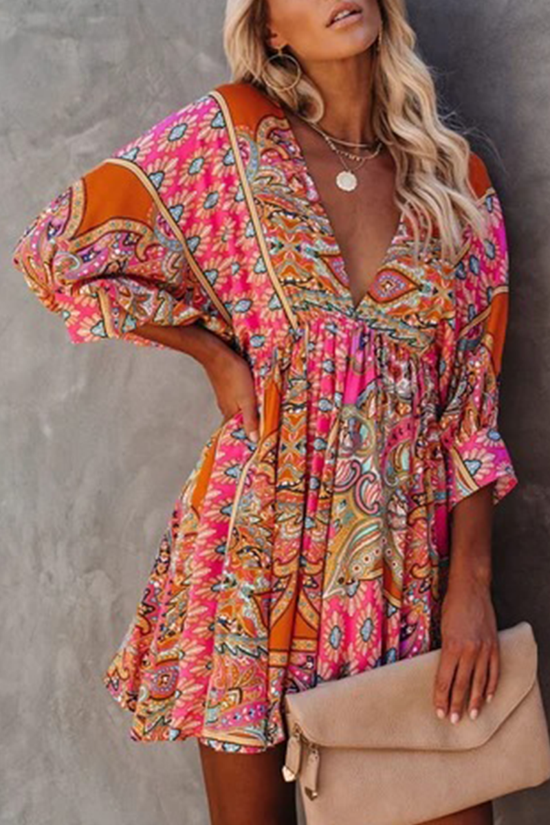 Elegant Print Frenulum Backless V Neck Dresses Ins Street