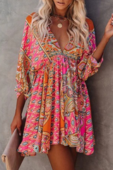 Elegant Print Frenulum Backless V Neck Dresses Ins Street