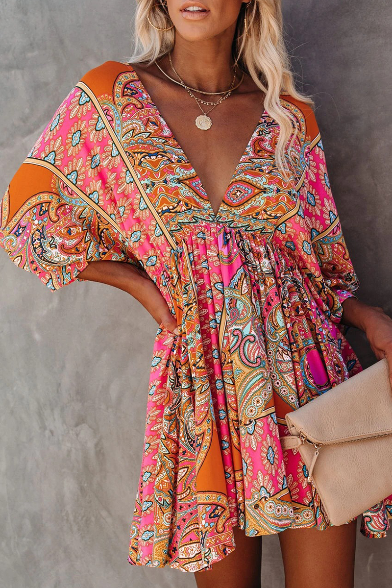 Elegant Print Frenulum Backless V Neck Dresses Ins Street