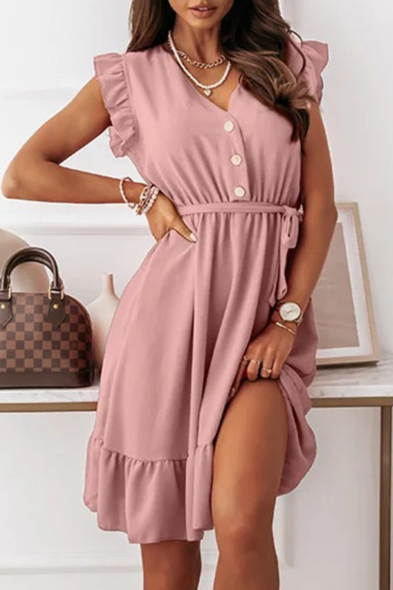 Elegant Solid Buckle With Belt V Neck A Line Dresses Ins Street