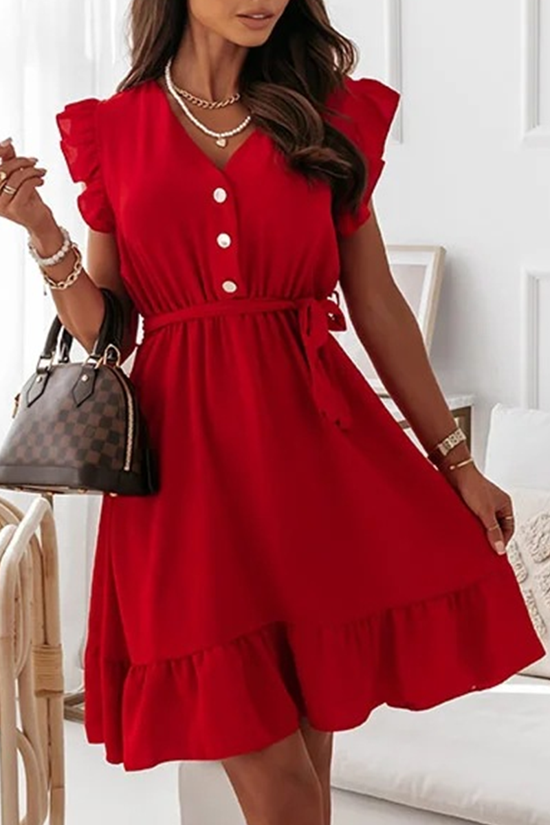 Elegant Solid Buckle With Belt V Neck A Line Dresses Ins Street
