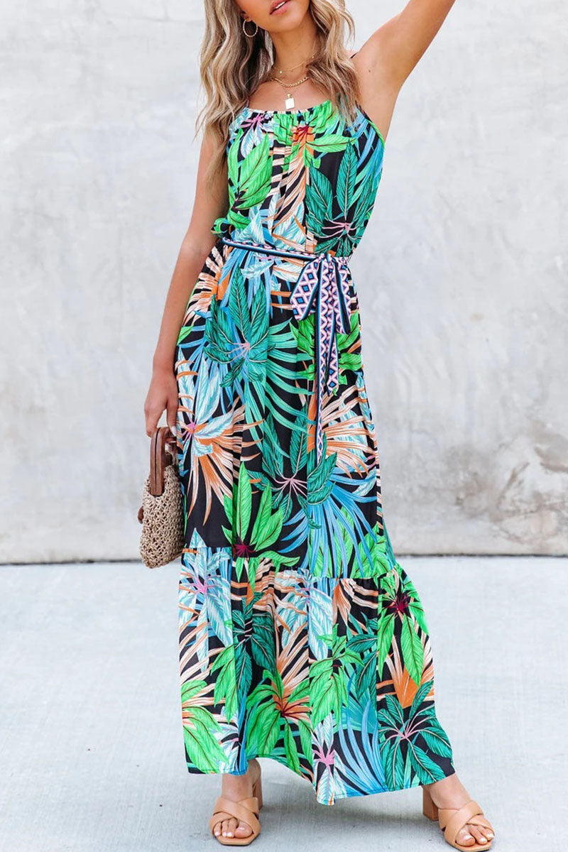 Bohemian Print Split Joint Spaghetti Strap A Line Dresses Ins Street