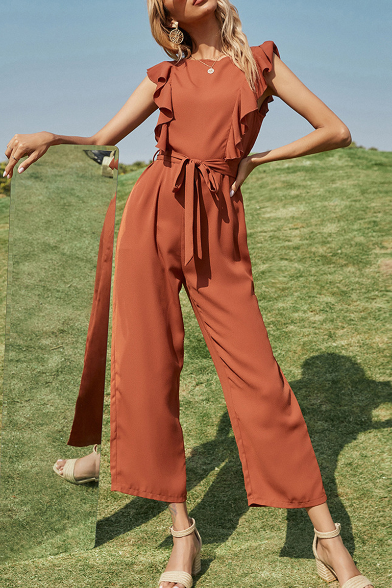 Elegant Solid Split Joint Flounce With Belt O Neck Straight Jumpsuits Ins Street