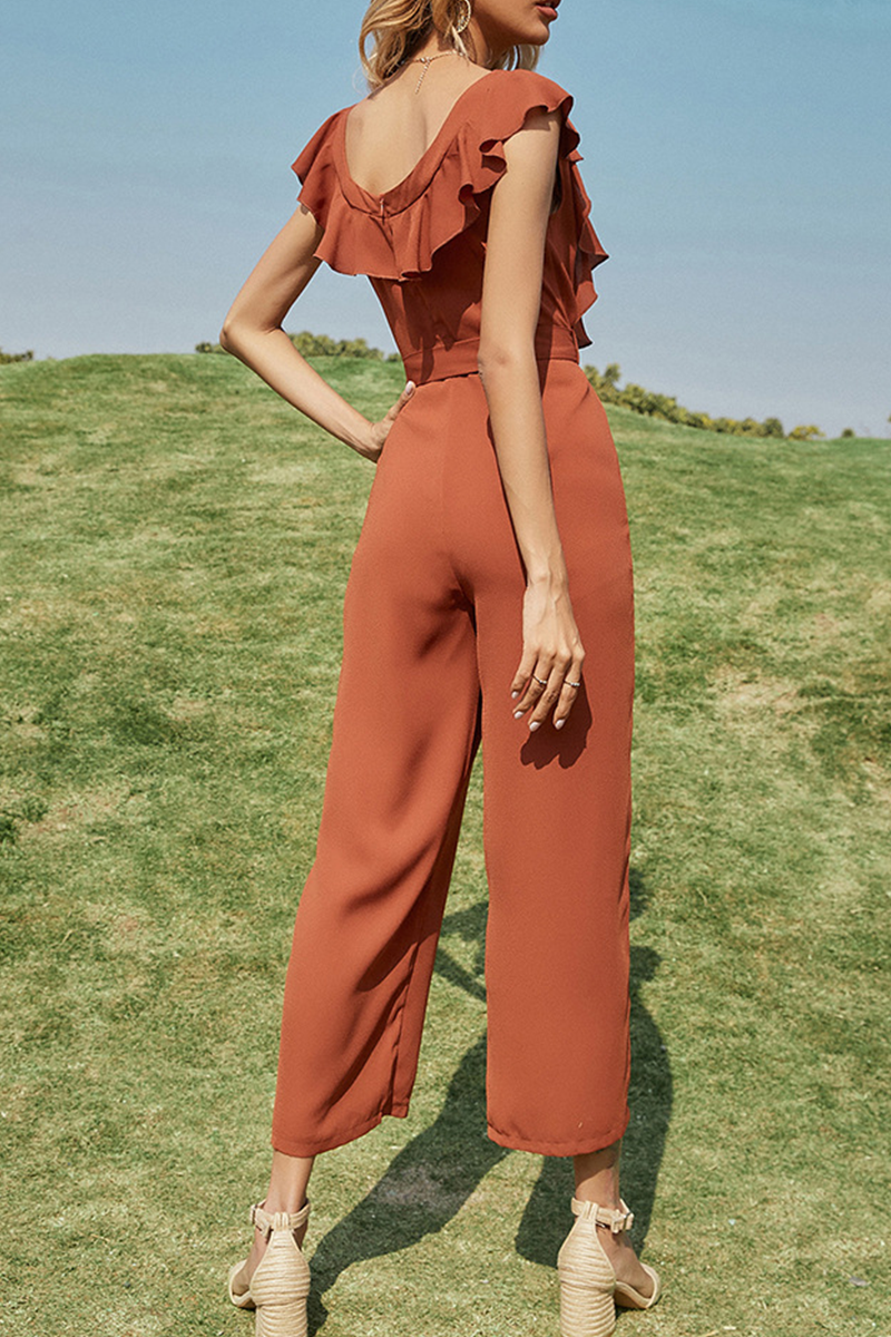Elegant Solid Split Joint Flounce With Belt O Neck Straight Jumpsuits Ins Street
