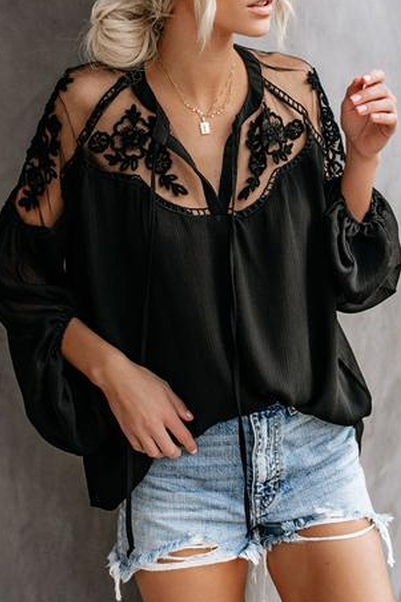 Elegant Solid Lace Frenulum See-through V Neck Tops Ins Street