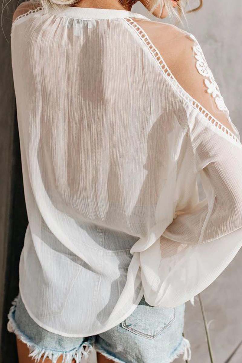 Elegant Solid Lace Frenulum See-through V Neck Tops Ins Street