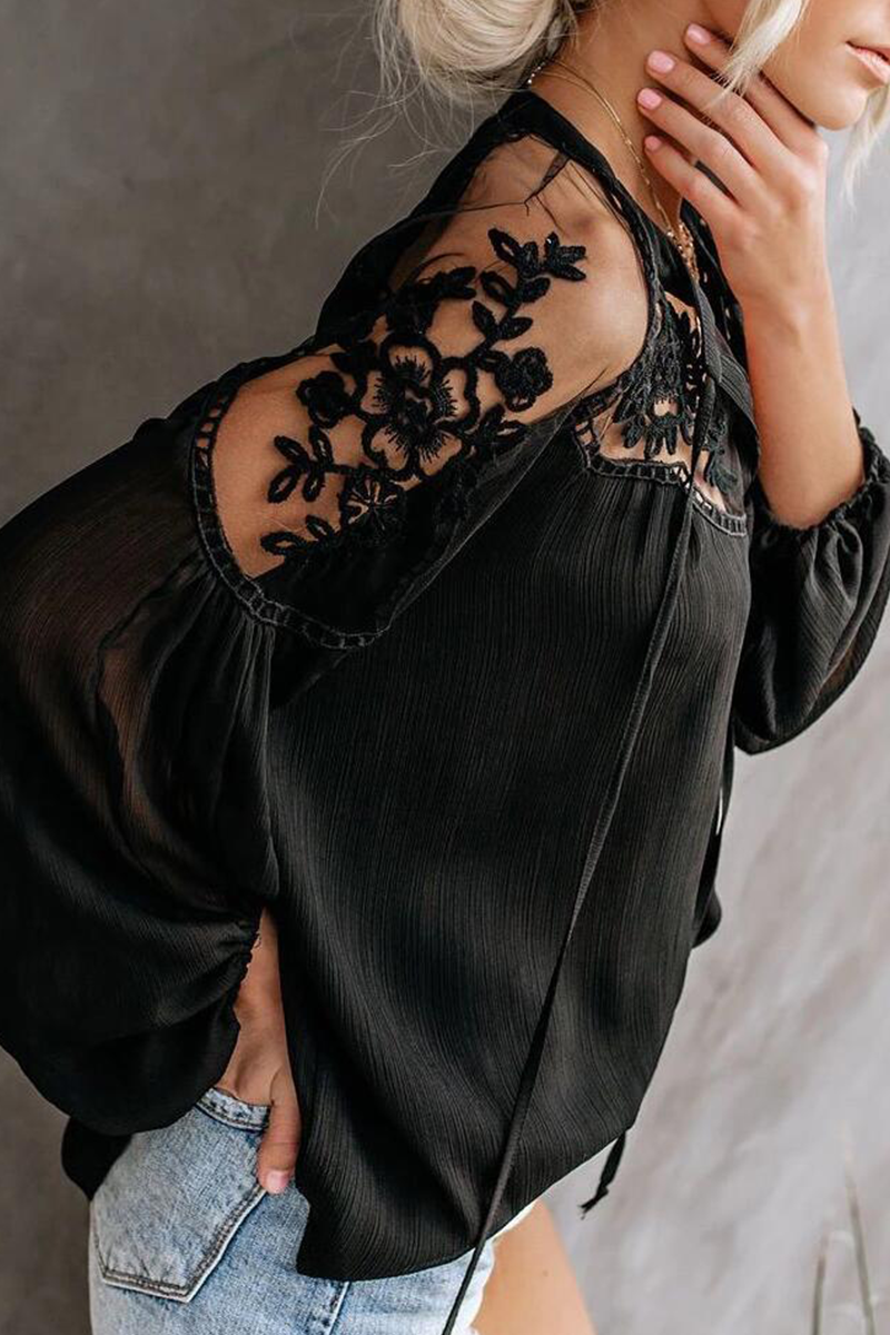 Elegant Solid Lace Frenulum See-through V Neck Tops Ins Street