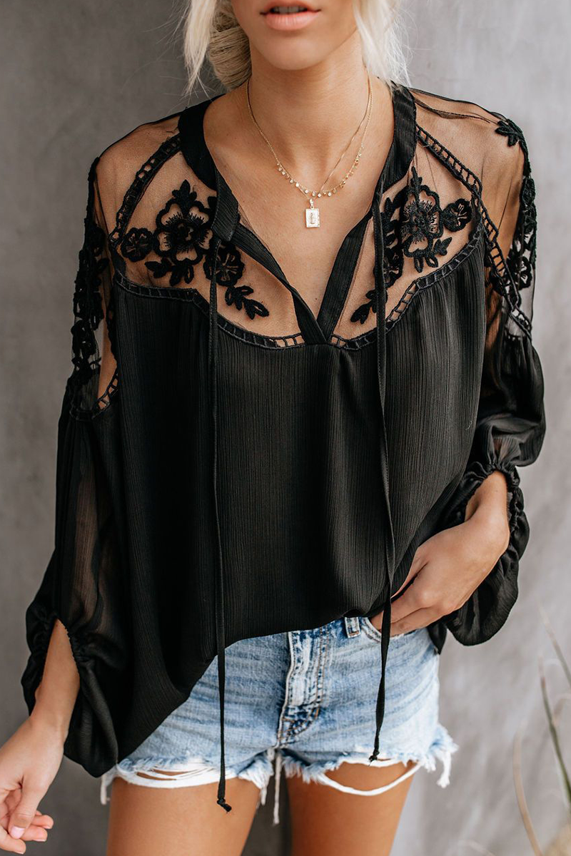 Elegant Solid Lace Frenulum See-through V Neck Tops Ins Street