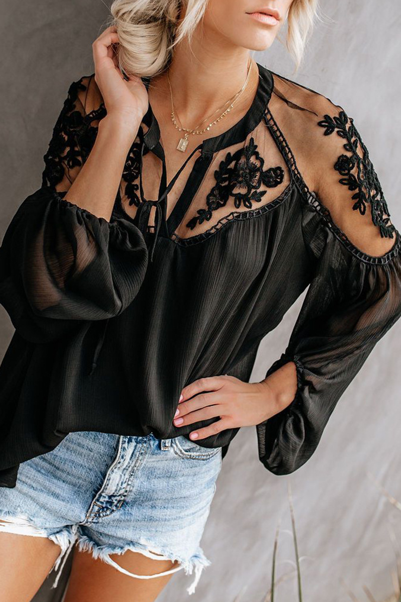 Elegant Solid Lace Frenulum See-through V Neck Tops Ins Street