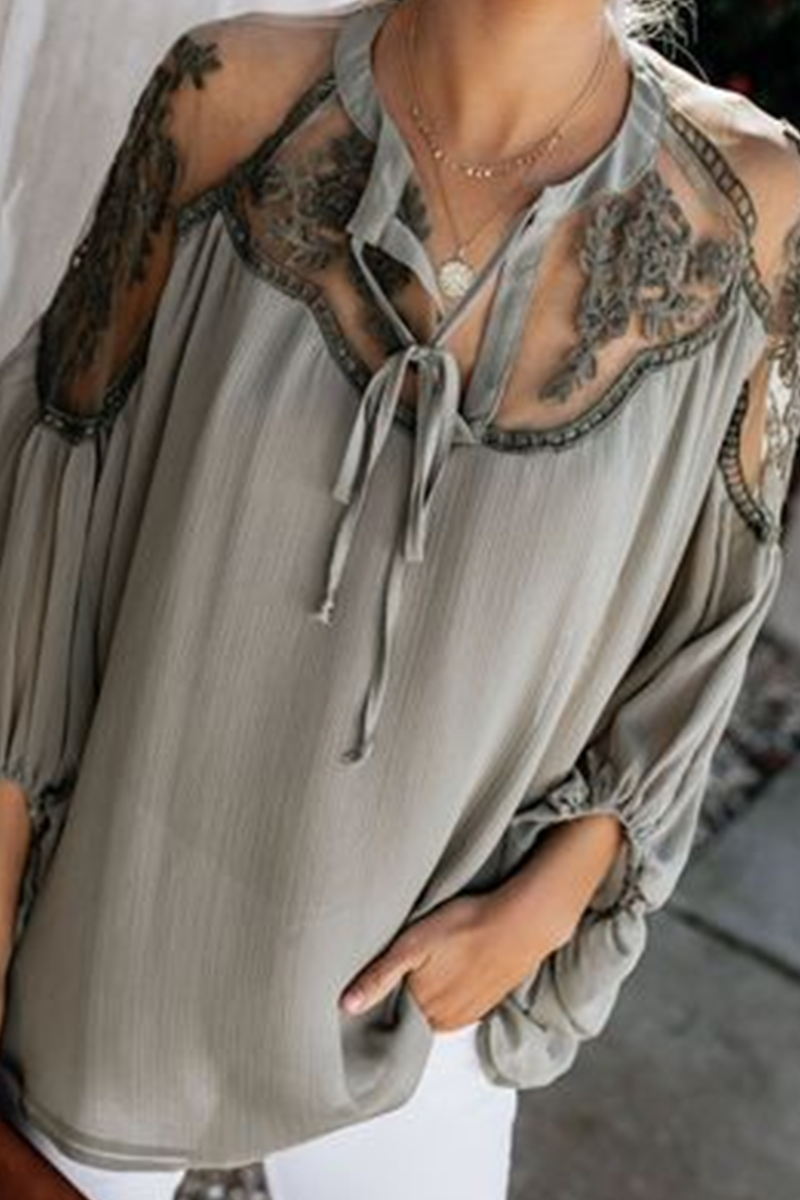 Elegant Solid Lace Frenulum See-through V Neck Tops Ins Street