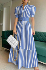 Striped Solid Buckle With Belt Shirt Collar A Line Dresses Ins Street