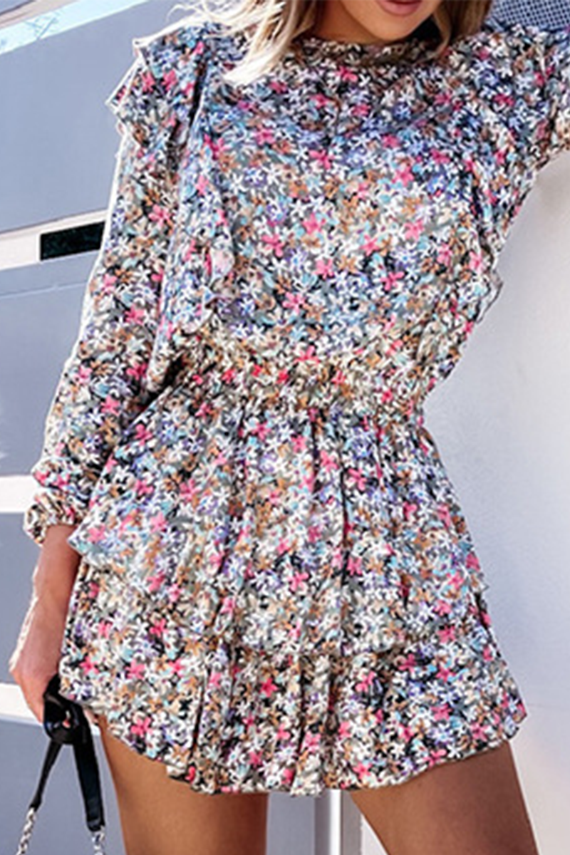 Elegant Print Split Joint Flounce O Neck Waist Skirt Dresses Ins Street