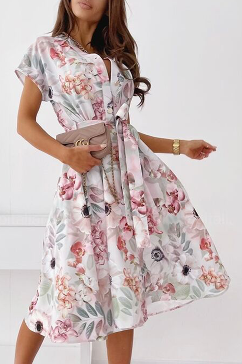 Elegant Print Buckle With Belt V Neck A Line Dresses Ins Street