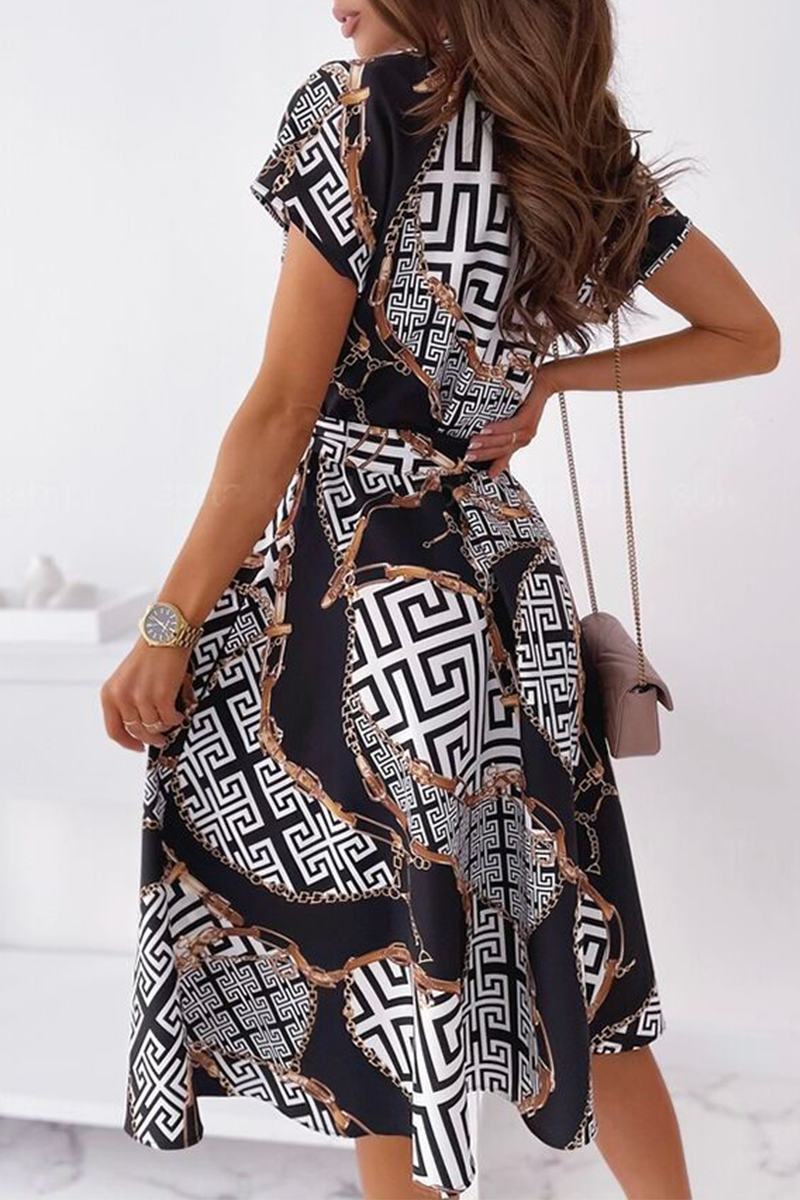 Elegant Print Buckle With Belt V Neck A Line Dresses Ins Street