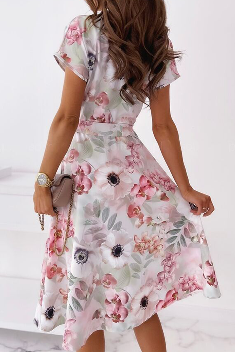Elegant Print Buckle With Belt V Neck A Line Dresses Ins Street
