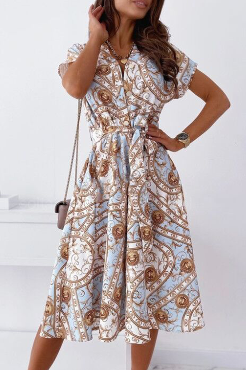 Elegant Print Buckle With Belt V Neck A Line Dresses Ins Street