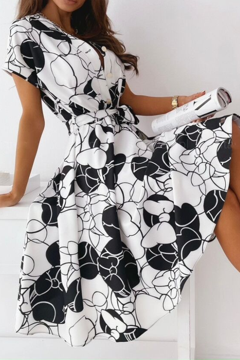 Elegant Print Buckle With Belt V Neck A Line Dresses Ins Street