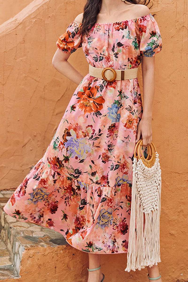 Print Split Joint Off the Shoulder A Line Dresses Ins Street