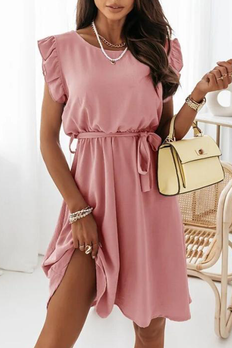 Elegant Solid Flounce With Belt O Neck A Line Dresses Ins Street