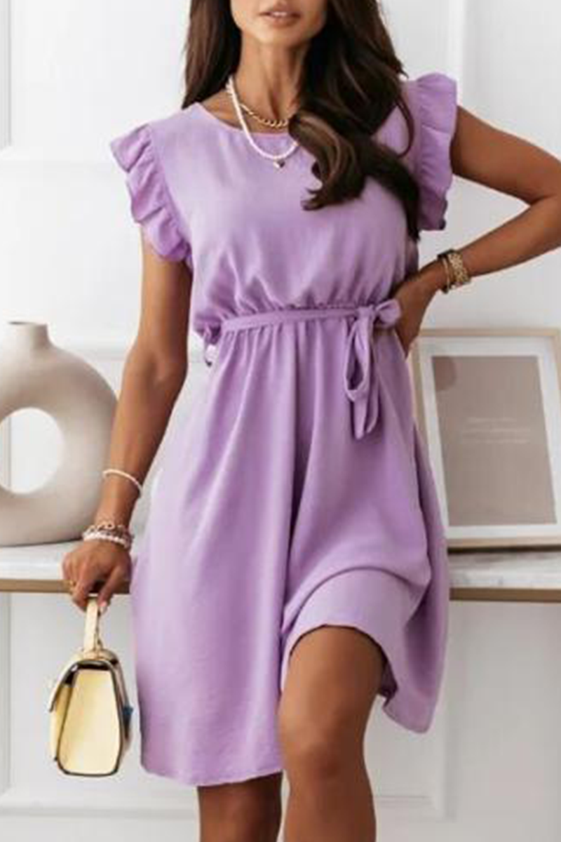 Elegant Solid Flounce With Belt O Neck A Line Dresses Ins Street