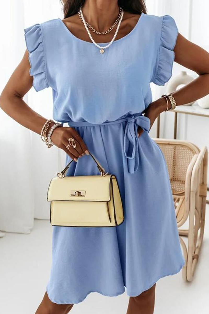 Elegant Solid Flounce With Belt O Neck A Line Dresses Ins Street