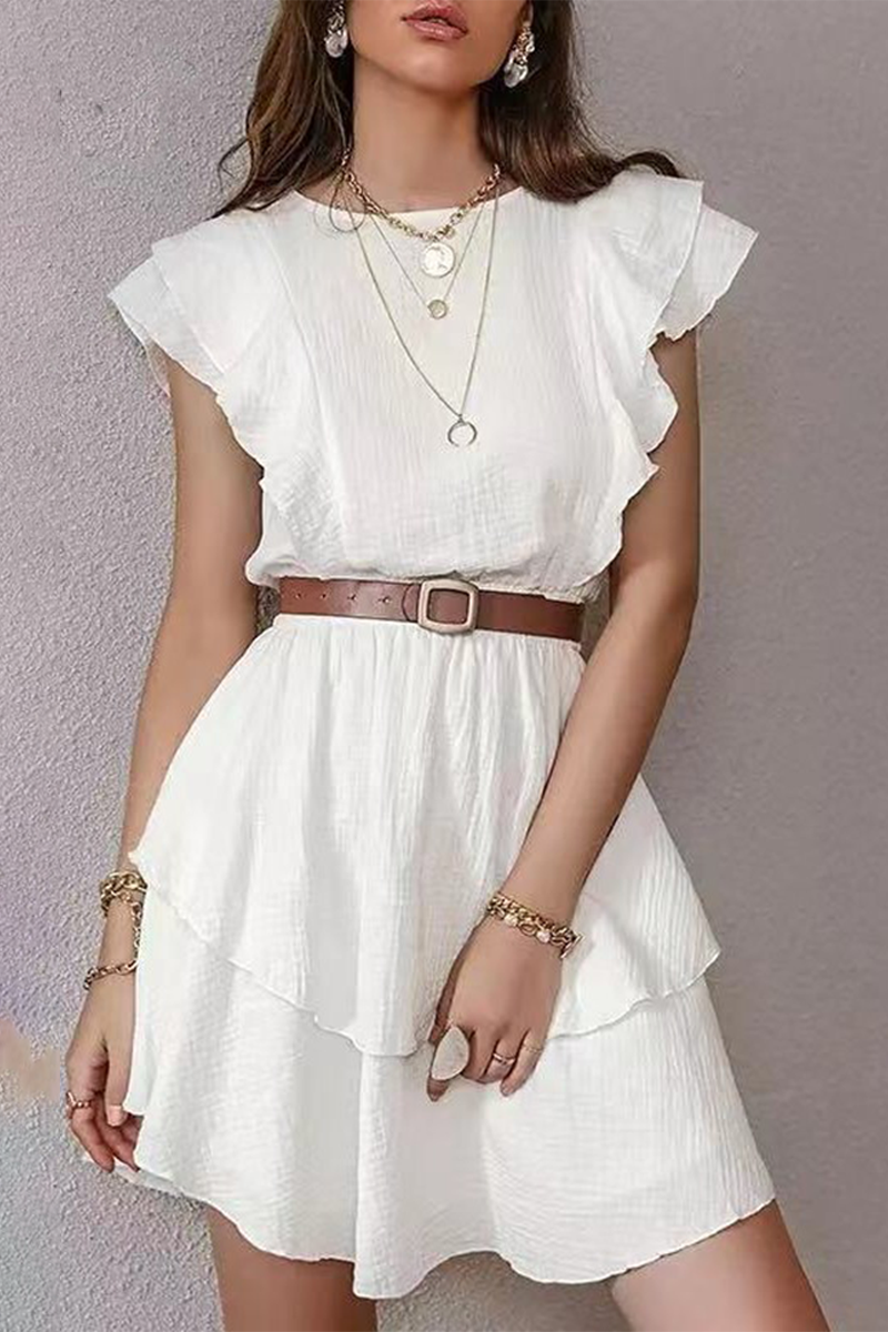 Elegant Solid Flounce Without Belt O Neck A Line Dresses Ins Street