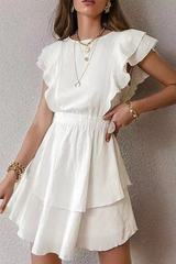Elegant Solid Flounce Without Belt O Neck A Line Dresses Ins Street