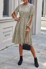 Elegant Print Split Joint Buttons O Neck A Line Dresses Ins Street